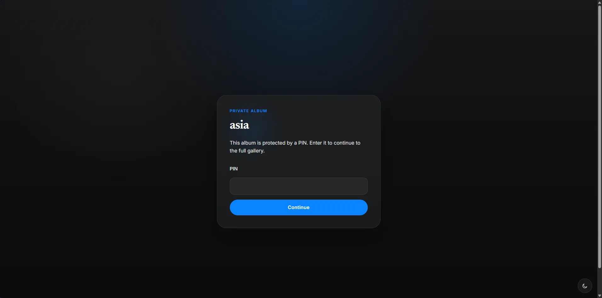 PIN access screen for a private album.